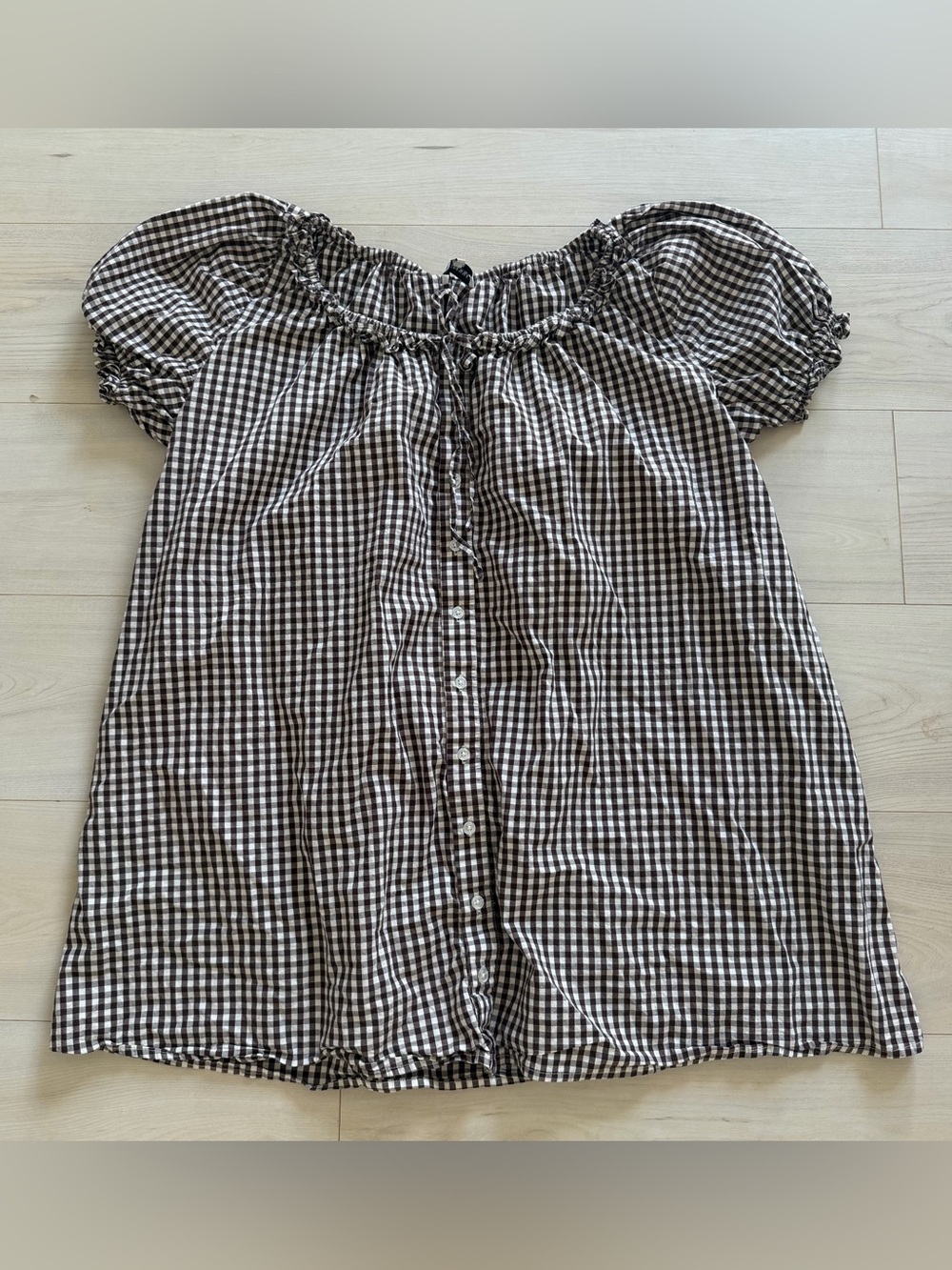WeWoreWhat Brown and White Gingham Puff-Sleeve Mini Dress